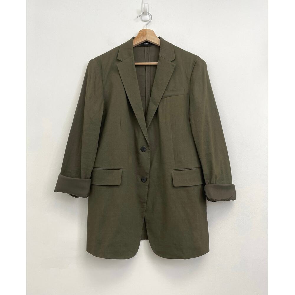 Theory Linen-Blend Rolled Sleeve Eco Crunch Wash Boyfriend Blazer Jacket Size 4